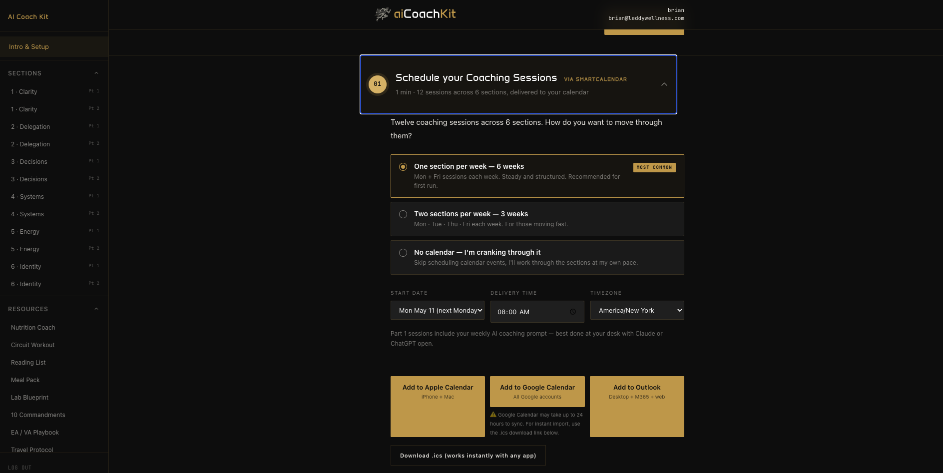 The AI Coach Kit activate page on desktop — pace selection, calendar import, and progress steps