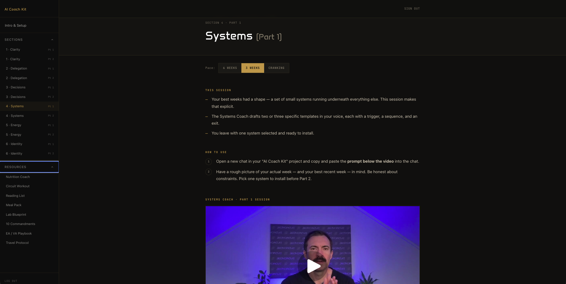 A coaching session page on desktop — short video primer, copy-paste AI prompt, and how-to-use steps
